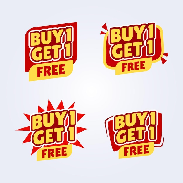 Comprar 1 obtener 1 de forma gratuita BOGO plantilla etiqueta conjunto precio de venta pegatina oferta de descuento promoción etiqueta icono pancarta