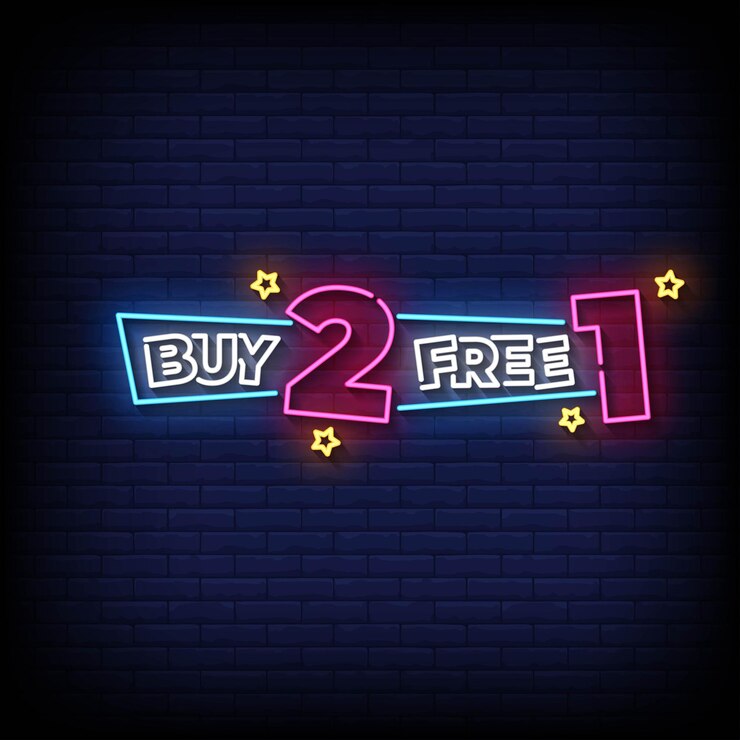 Vector comprar 2 gratis 1 cartel de neón con el vector de fondo de la pared de ladrillo