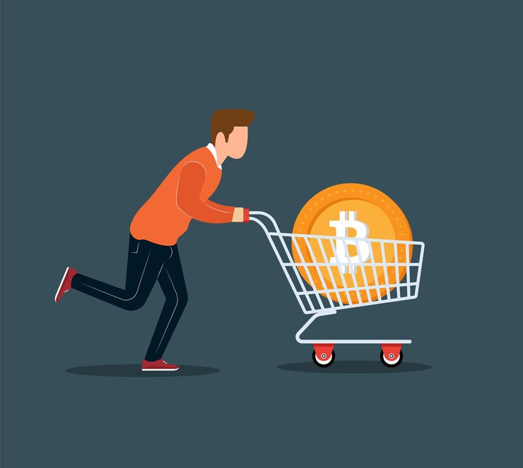 Comprar diseño de concepto de bitcoin Hombre huyendo con carrito de compras de bitcoin