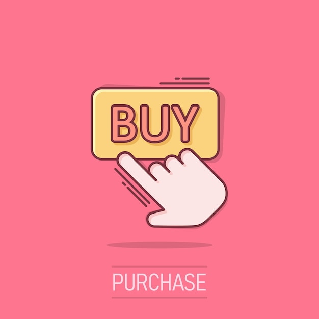 Comprar icono de tienda en estilo cómico Ilustración de vector de dibujos animados de cursor de dedo sobre fondo aislado Haga clic en el concepto de negocio de efecto de salpicadura de botón