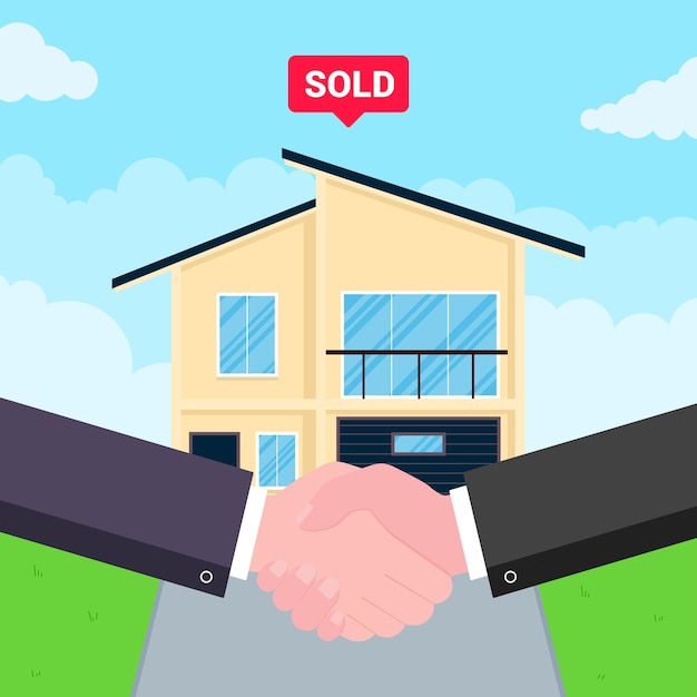 Comprar nueva casa a la venta Dos manos sacudiendo gran acuerdo acuerdo estilo plano ilustración vectorial