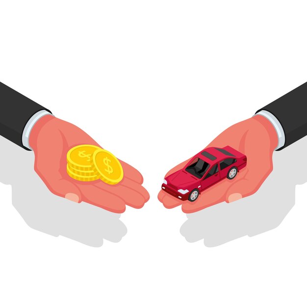 Comprar o alquilar un coche Coche rojo y dinero en la mano Diseño isométrico de ilustración vectorial Aislado sobre fondo blanco