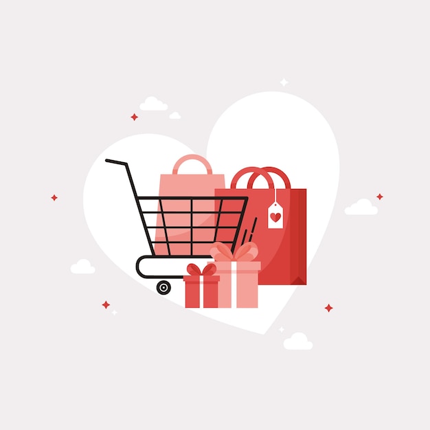 Comprar regalos para San Valentín como carrito de compras con regalos y bolsas.