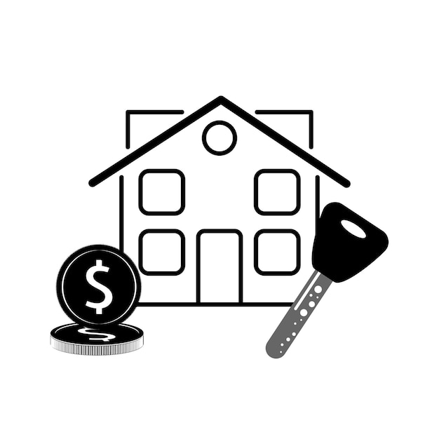 Comprar vender o alquilar un concepto de casa casa de dinero e icono de llave aislado sobre fondo blanco ilustración vectorial