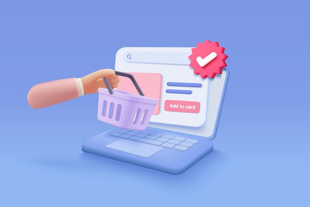 Compras en 3D en línea a través de una computadora portátil con icono de marca de verificación bolsa de compras o cesta Botón de lista de verificación mejor opción éxito garrapata aceptar concepto icono de cuaderno 3d ilustración de renderizado vectorial