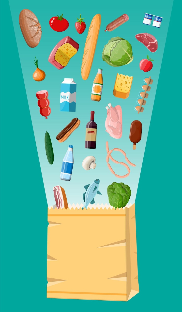 Vector compras bolsa de papel con productos frescos tienda de abarrotes supermercado alimentos y bebidas leche verduras carne pollo queso salchichas ensalada pan cereal bistec huevo vector ilustración estilo plano