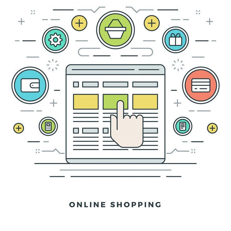Vector compras y comercio electrónico y diseño de iconos de estilo de línea.