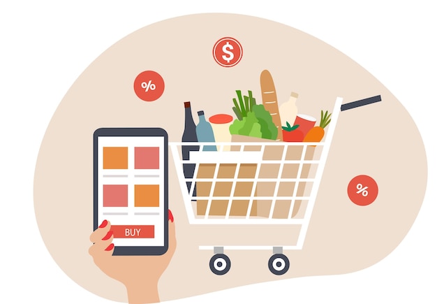 Vector compras de comestibles en línea productos de comestible en el carrito de compras con aplicación para teléfonos inteligentes