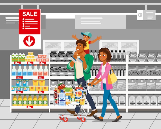 Compras con el concepto de vector de dibujos animados de la familia