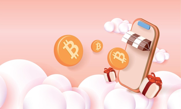 Vector compras y criptografía en el teléfono banner vector ilustración 3d banca btc oro cion efectivo comercio dinero ma