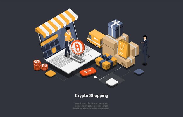 Compras criptográficas Compra de bienes y servicios para personajes de criptomonedas Compra de bienes que pagan por personajes en línea de criptomonedas Realiza transacciones en la tienda en línea Ilustración vectorial 3d isométrica