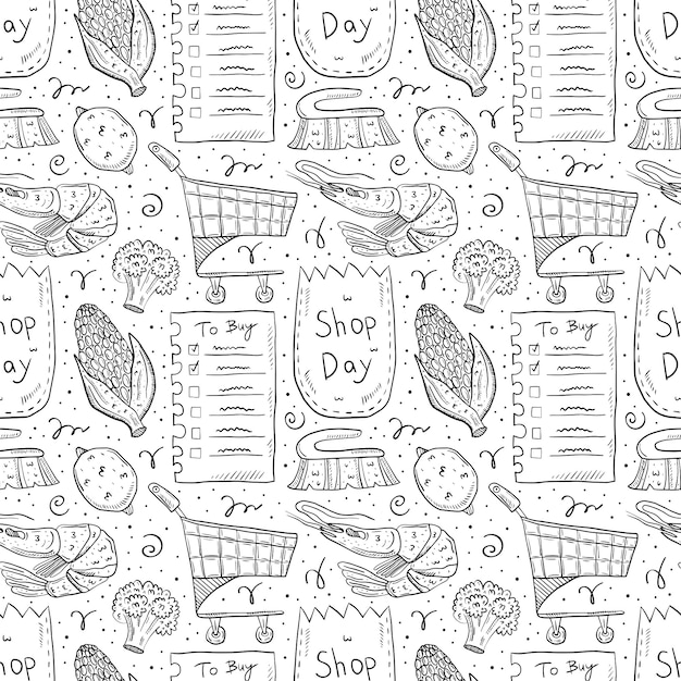 Vector compras dibujadas a mano doodle de patrones sin fisuras. aislado sobre fondo blanco lista de verificación, maíz, paquete ecológico, bolsa de papel, carrito, brócoli, limón, pincel, camarones.
