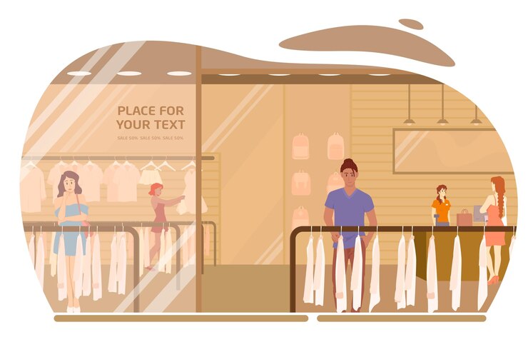 Vector compras en el estilo plano del supermercado de ropa