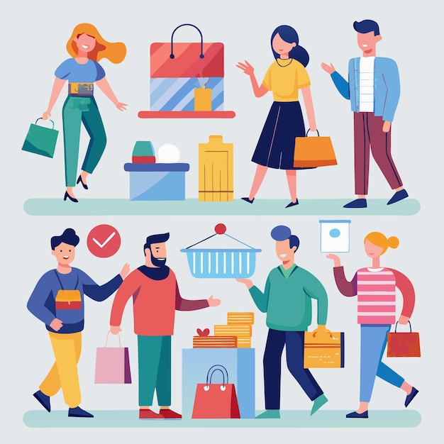 Compras extravagantes Clientes felices disfrutando de la terapia de venta al por menor con bolsas y compras