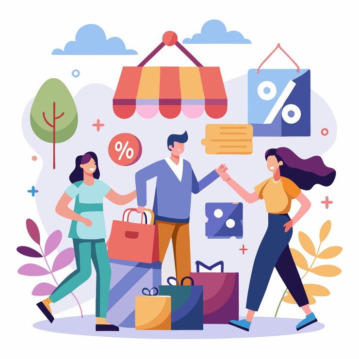 Vector compras extravagantes la gente disfruta de descuentos y ventas