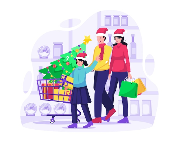 Compras familiares navideñas en el supermercado comprando bienes y regalos ilustración
