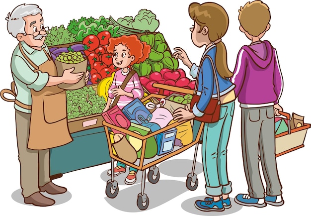 compras familiares en el vector de dibujos animados del mercado