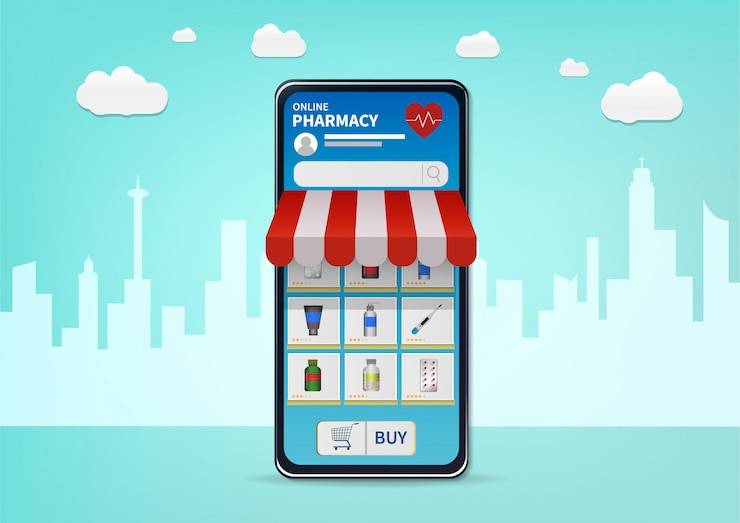 Vector compras farmacia en línea en el sitio web o aplicación móvil.