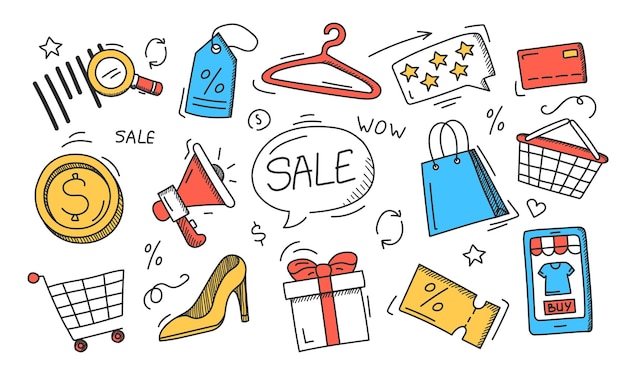 compras, garabato, iconos, colección, de, lindo, símbolos