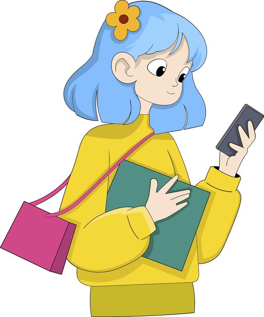 Las compras se hacen fáciles a través de aplicaciones móviles con una joven que usa un teléfono inteligente en una colorida ilustración de dibujos animados