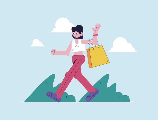 compras, ilustración, mujer caminar