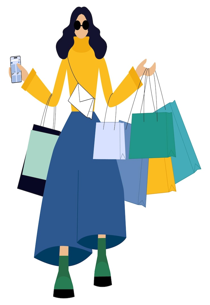 Vector compras de ilustraciones vectoriales en una tienda en línea a través de un teléfono móvil