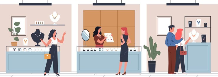 Vector compras en joyerías visitantes del salón eligen metales preciosos con piedras productos caros compras y regalos hombres y mujeres comprando oro ilustración plana de dibujos animados concepto vectorial actual
