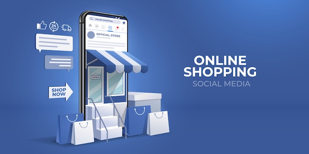 Compras en línea 3D en aplicaciones móviles de redes sociales o conceptos de sitios web.