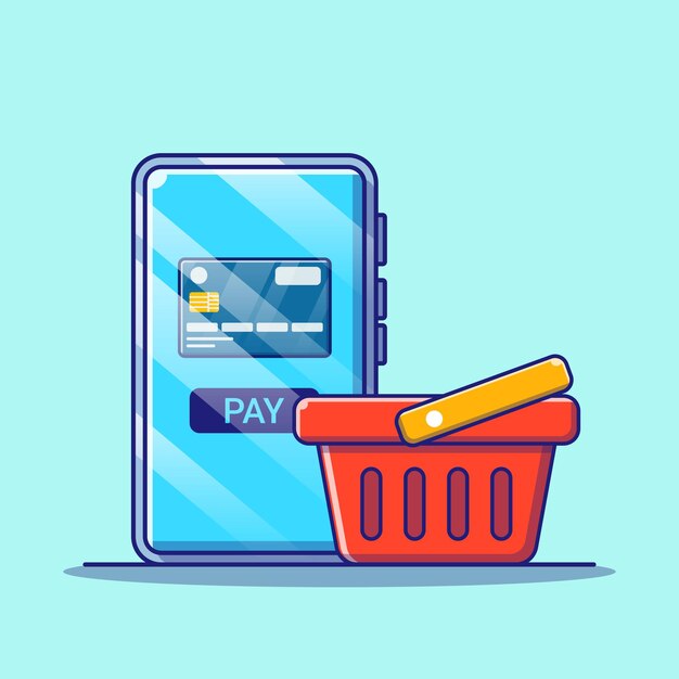 Compras en línea en la aplicación móvil con ilustración de tarjeta de crédito. Concepto de icono de compras aislado.