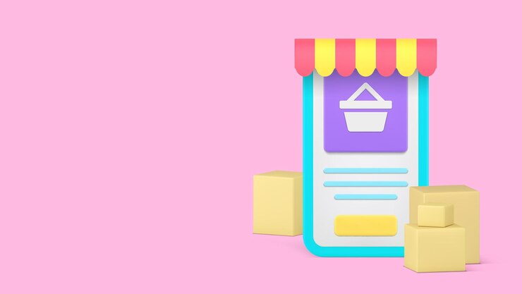 Vector compras en línea aplicación de teléfono inteligente mercado espacio de copia de banner icono 3d vector realista