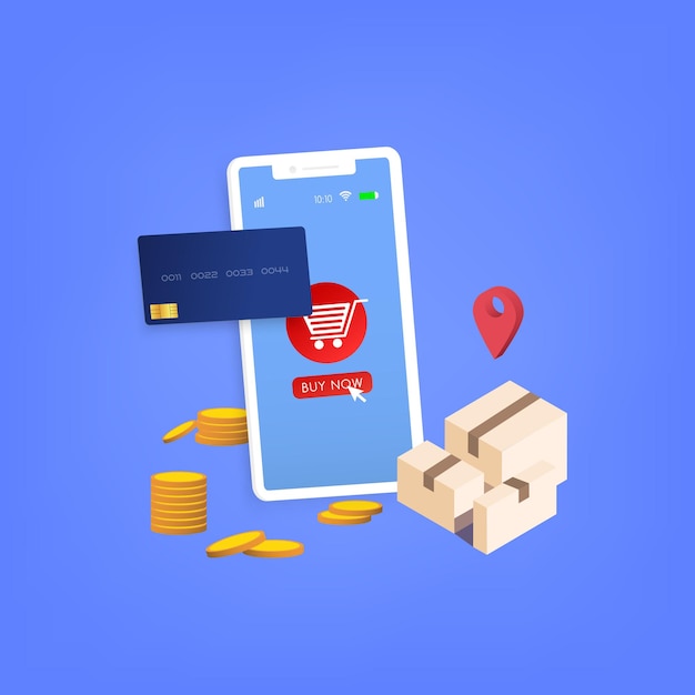 Compras en línea en la aplicación de teléfono inteligente con tarjeta de crédito Concepto isométrico Ilustración vectorial