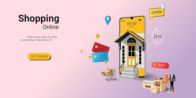 Compras en línea en aplicaciones móviles Tarjetas de crédito y elementos de tienda marketing y marketing digital Concepto de diseño de página web para banner de sitio web e ilustración de vector 3D de sitio web móvil