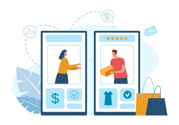 Compras en línea en aplicaciones móviles, tienda a distancia. Aplicación de vector para pago y compras de distancia en la ilustración de teléfono inteligente