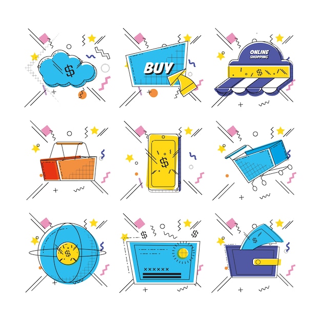 Compras en línea del arte pop conjunto de iconos vector ilustración diseño