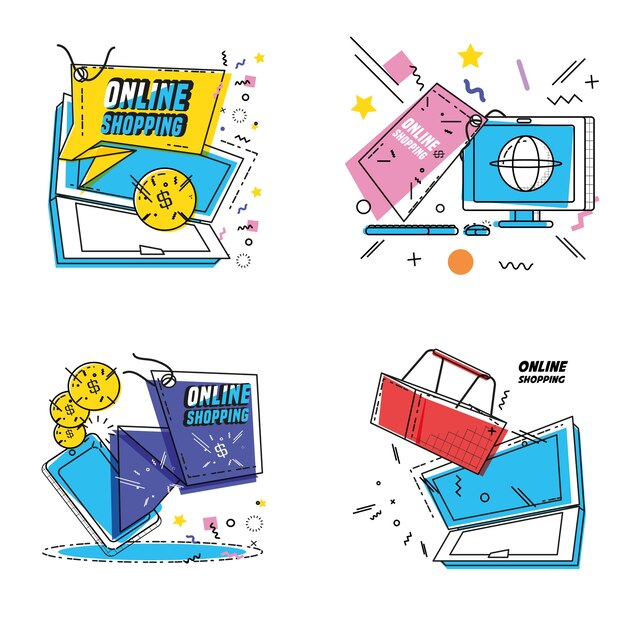 compras en línea del arte pop conjunto de iconos vector ilustración diseño