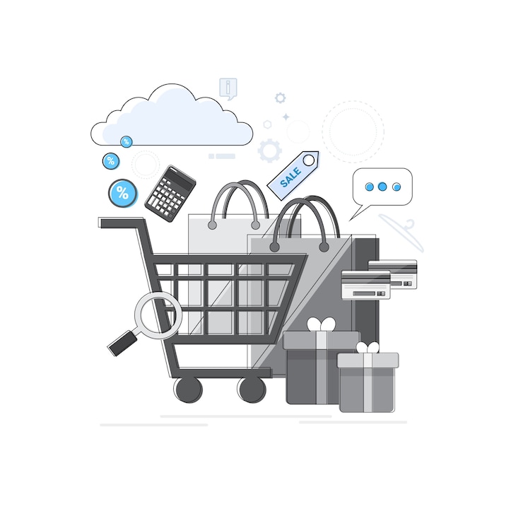 Vector compras en línea banner ecommerce concept thin line vector illustration