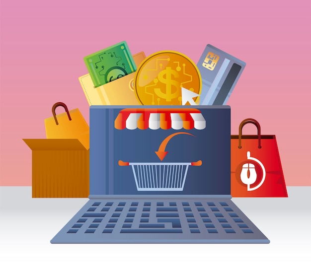 Compras en línea, canasta de computadora portátil, ventas de comercio electrónico, ilustración de mercado digital