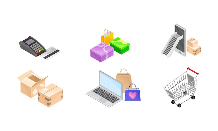 Vector compras en línea con carrito de compras y conjunto isométrico vectorial de tarjetas de crédito de plástico