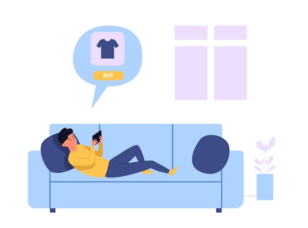 Compras en línea desde casa plantilla de diseño de sitio web para tienda de ropa con entrega a domicilio Joven acostado en el sofá y ordenando camiseta y productos Ilustración vectorial para cartel, estandarte y sitio web