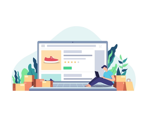Compras en línea desde casa usando una computadora portátil. El cliente selecciona los productos que desea pedir. en estilo plano