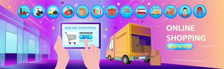 Vector las compras en línea. centro comercial con tiendas, iconos y camiones. icono