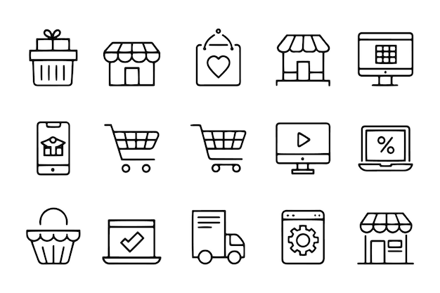 Compras en línea y comercio electrónico relacionados 15 pcs iconos establecidos aislados en fondo blanco