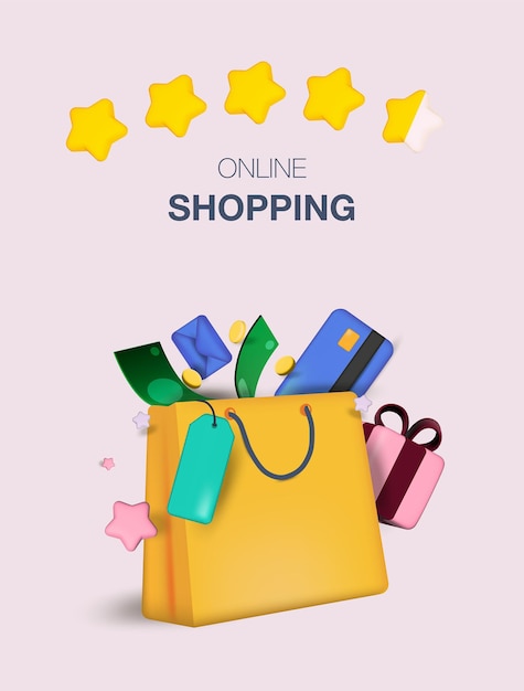 Compras en línea Compras en línea Aplicaciones móviles de diseño 3d Para pancartas y carteles web Vector realista