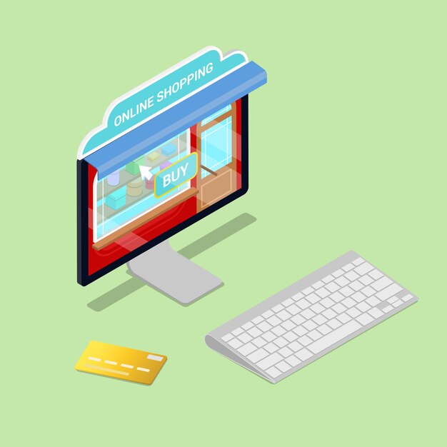 Las compras en línea. Computadora isométrica Comercio electrónico.