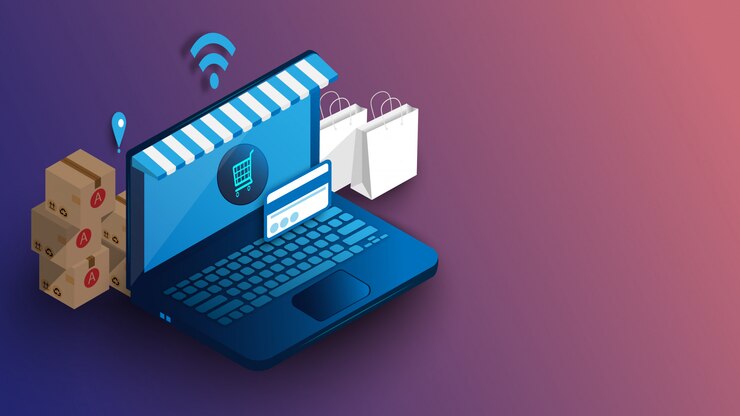 Vector compras en línea en una computadora portátil con transporte rápido