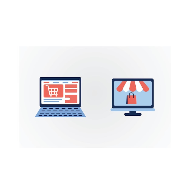 compras en línea con computadoras portátiles tabletas ilustración vectorial de iconos
