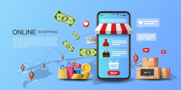 Compras en línea en concepto de aplicación y sitio web, marketing digital y dinero en línea.