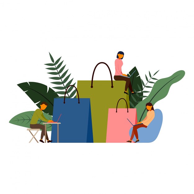 Compras en línea, concepto de comercio electrónico con ilustración de personaje
