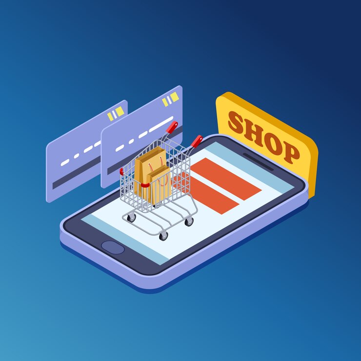Vector compras en línea, concepto de ilustración de vector isométrica de comercio electrónico