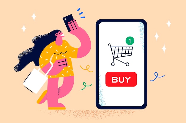 Compras en línea y concepto de pago electrónico. joven sonriente personaje de dibujos animados de mujer de pie con una enorme pantalla de teléfono inteligente con carrito de compras en línea y sosteniendo la ilustración de vector de tarjeta de crédito